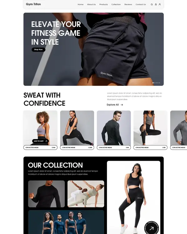 Activewear store design, homepage top section
