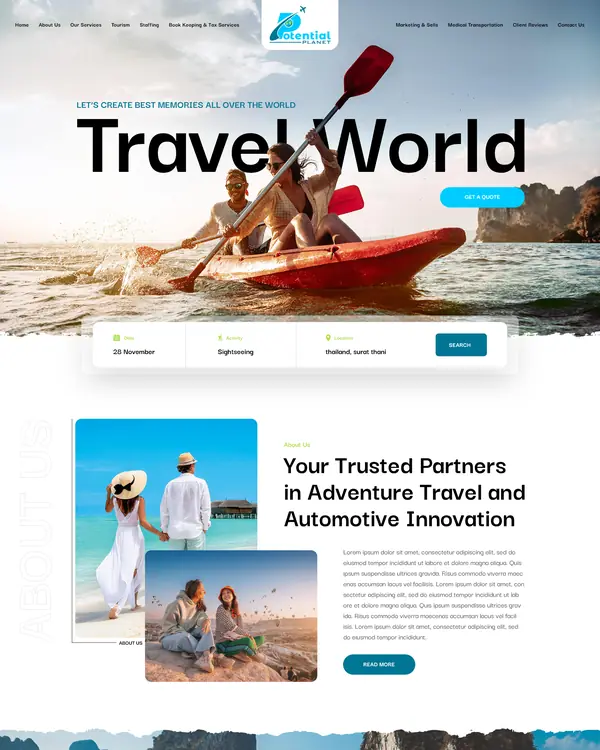 Adventure travel website design, homepage top section