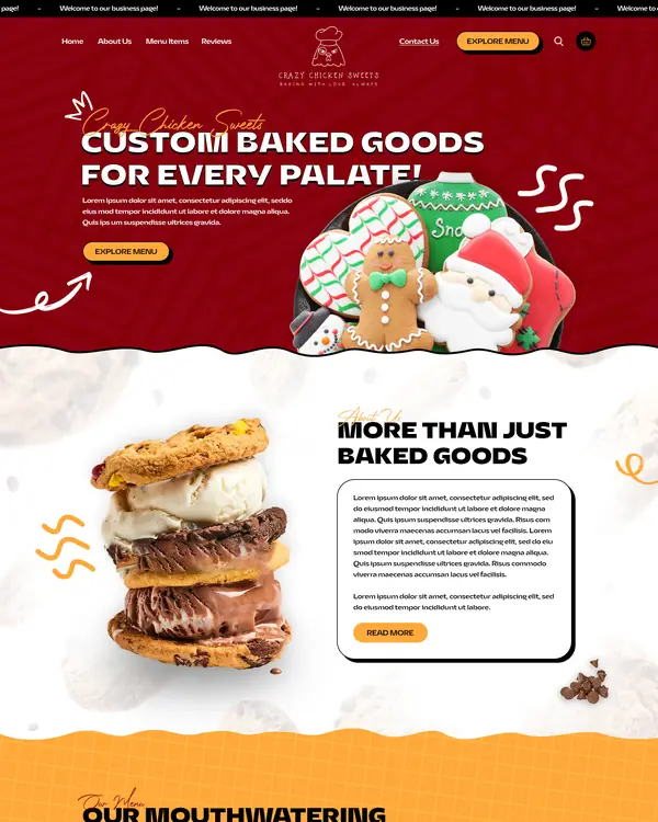 Baked goods shop website design, homepage top section