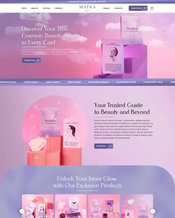 Beauty products Shopify store design, homepage top section