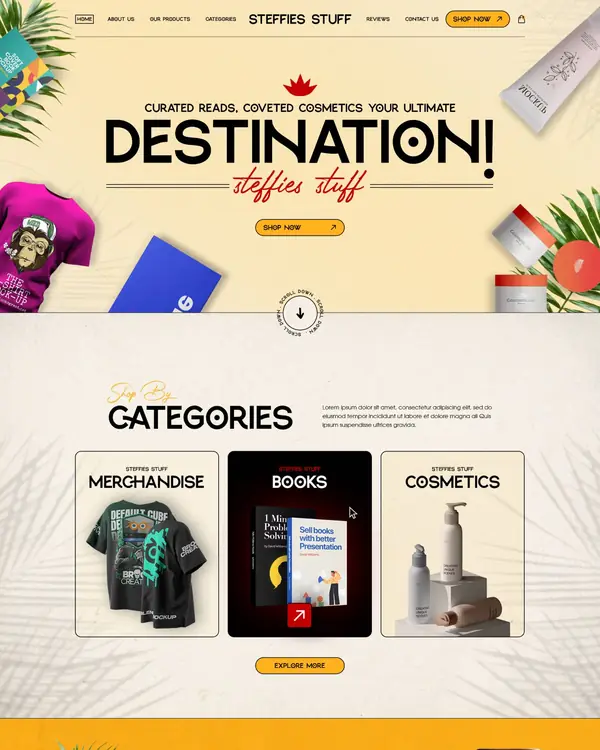 Books, merch and cosmetics store design, homepage top section