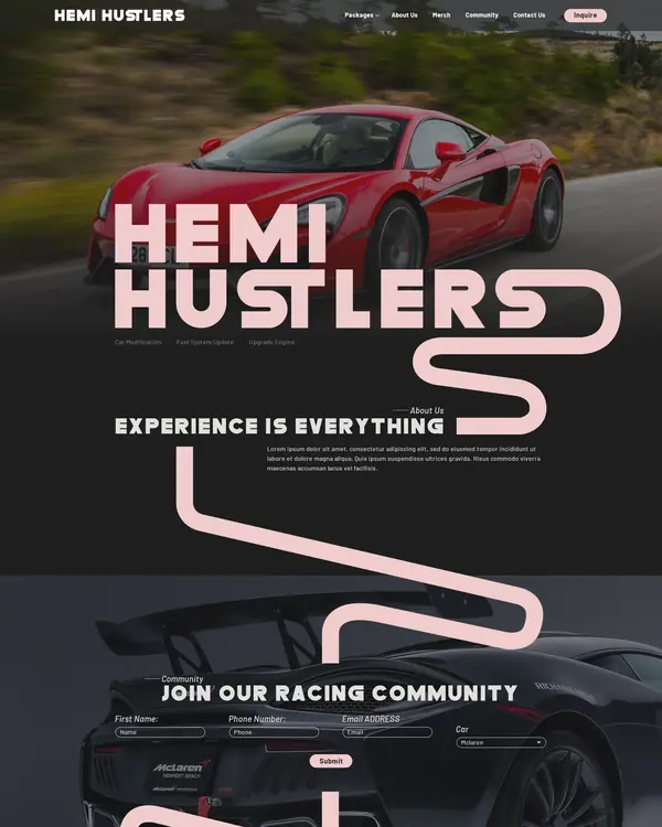 Car club community website design, homepage top section