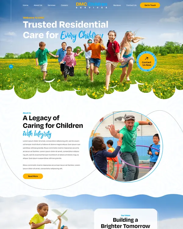 Children's care services website design, homepage top section