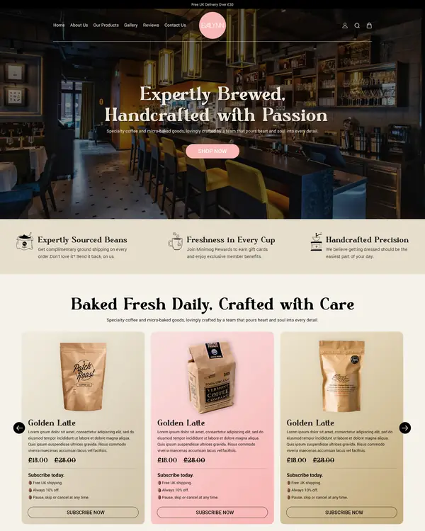 Coffee and bakery website design, homepage top section
