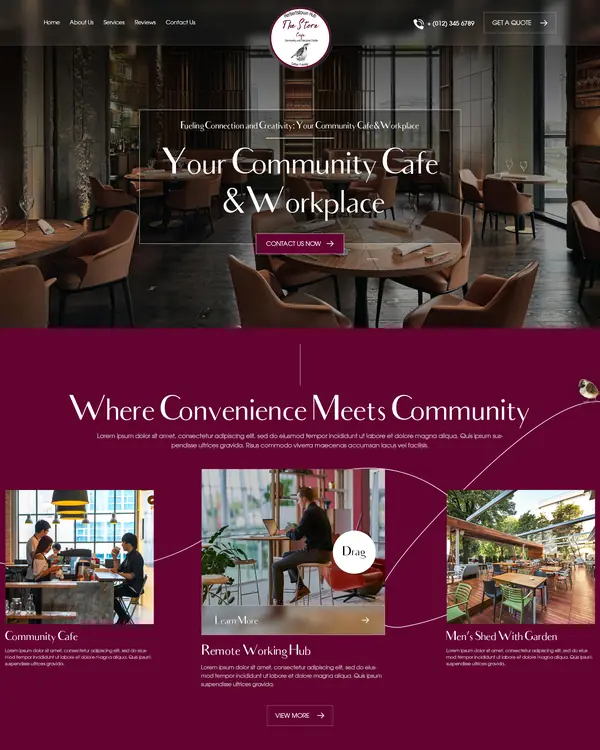 Community cafe and workspace website design, homepage top section