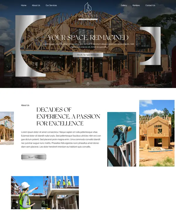 Construction company website design, homepage top section