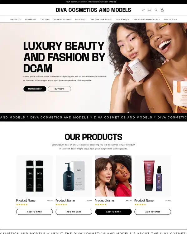 Cosmetics and fashion store design, homepage top section