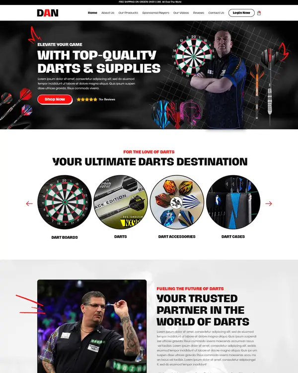 Darts supplies store design, homepage top section