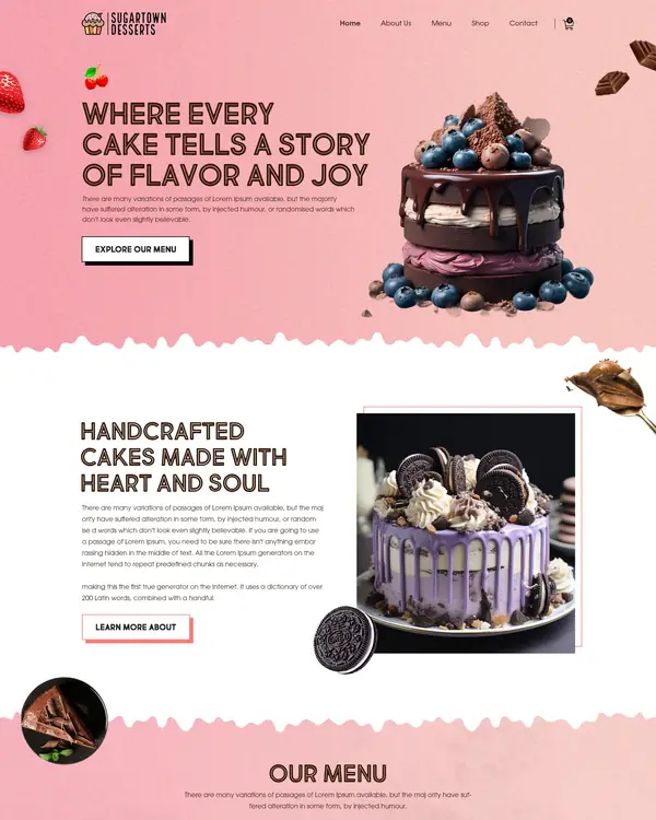 Dessert bakery website design, homepage top section