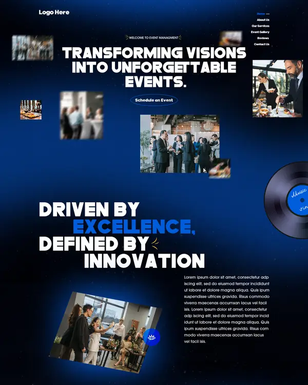 Event management company website design, homepage top section