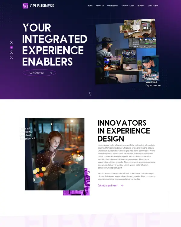 Experiential events agency website design, homepage top section