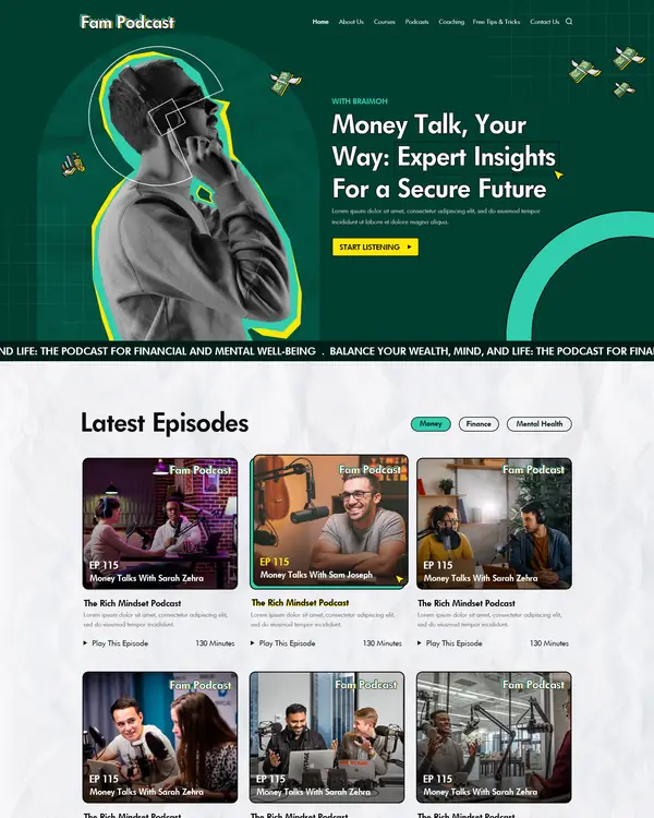 Finance podcast website design, homepage top section
