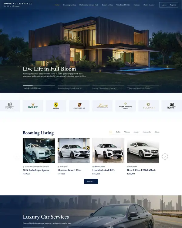 Luxury car and lifestyle services website design, homepage top section