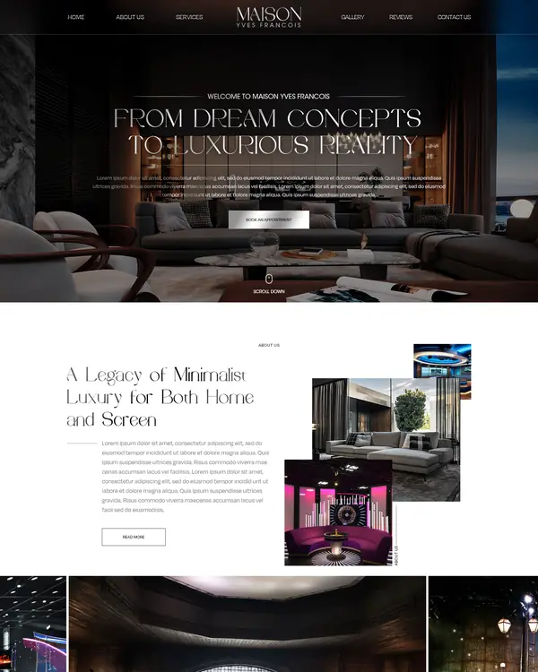 Luxury interior design website design, homepage top section