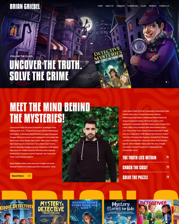 Mystery author website design, homepage top section