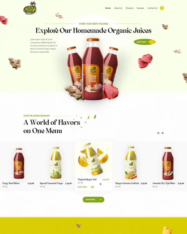 Organic juice brand website design, homepage top section