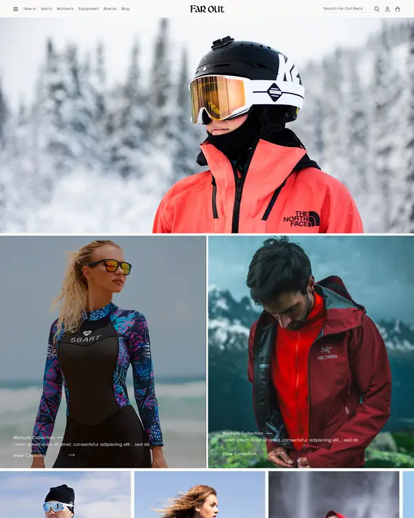 Outdoor apparel store design, homepage top section