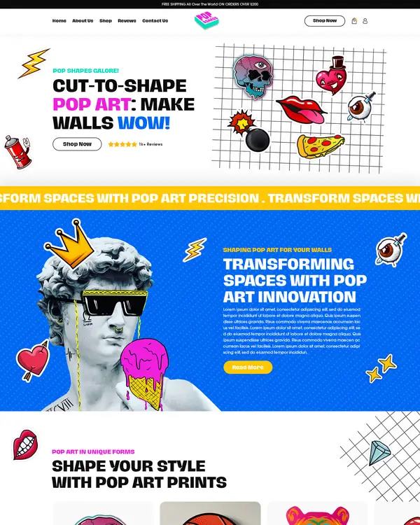 Pop art wall decor store design, homepage top section