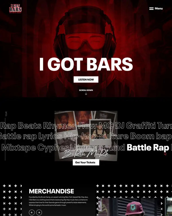 Rap events and merch website design, homepage top section