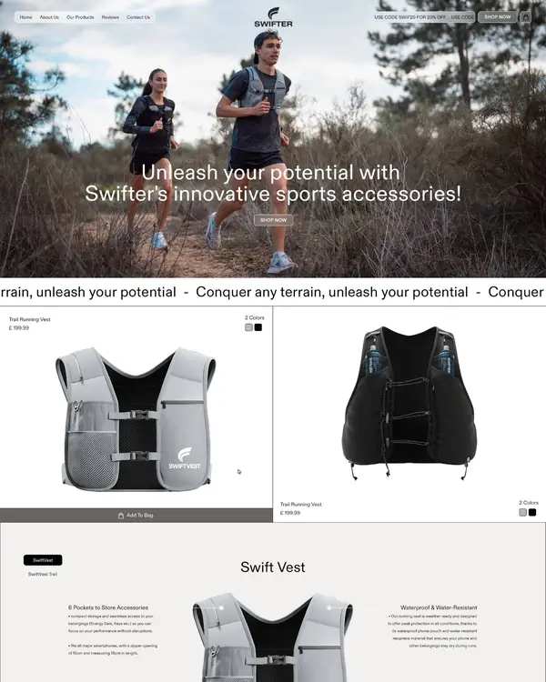 Running gear product store design, homepage top section