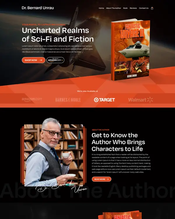 Sci-fi author website design, homepage top section