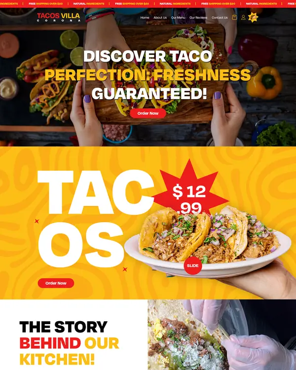 Taco restaurant website design, homepage top section
