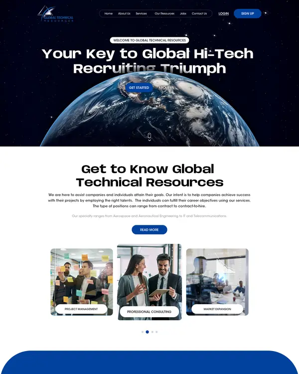 Technical recruitment website design, homepage top section