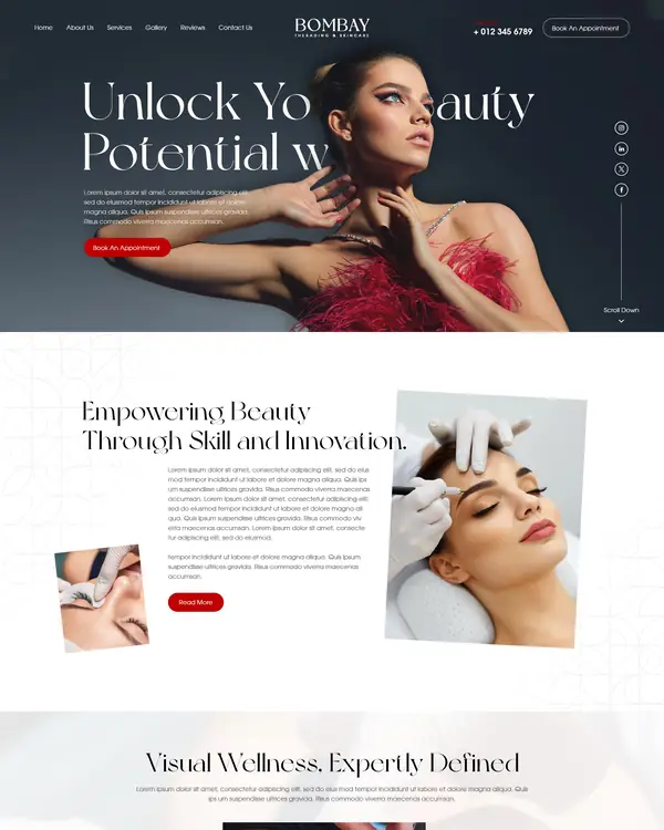 Threading and skincare salon website design, homepage top section