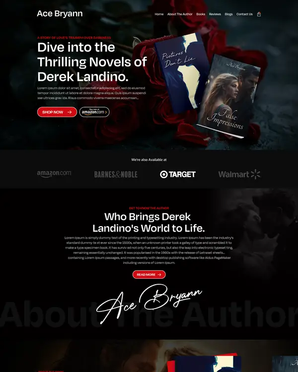 Thriller author website design, homepage top section