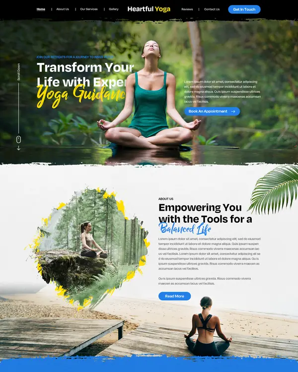 Yoga and wellness coach website design, homepage top section