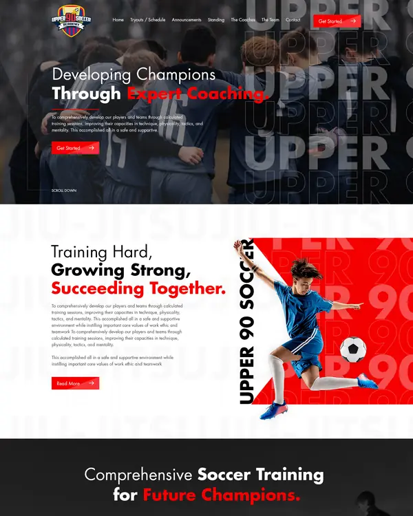 Youth soccer academy website design, homepage top section