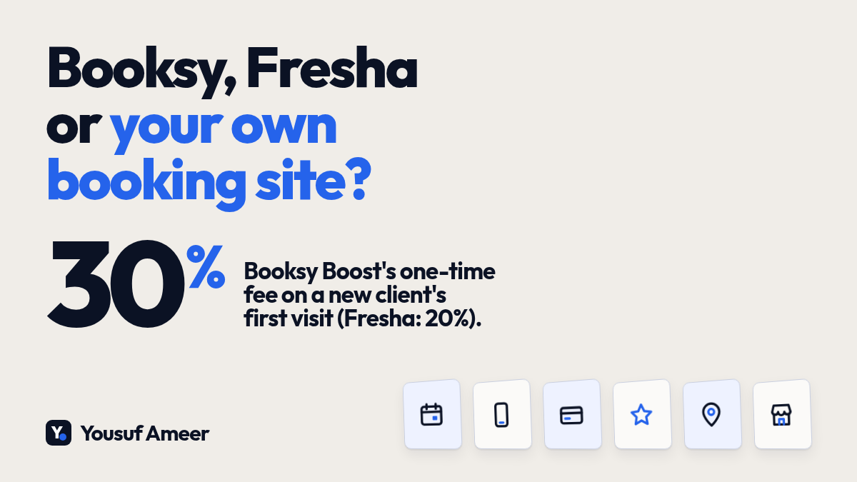 Header reading 'Booksy, Fresha or your own booking site?' with a large '30%' stat: Booksy Boost's one-time fee on a new client's first visit, compared with Fresha's 20%.