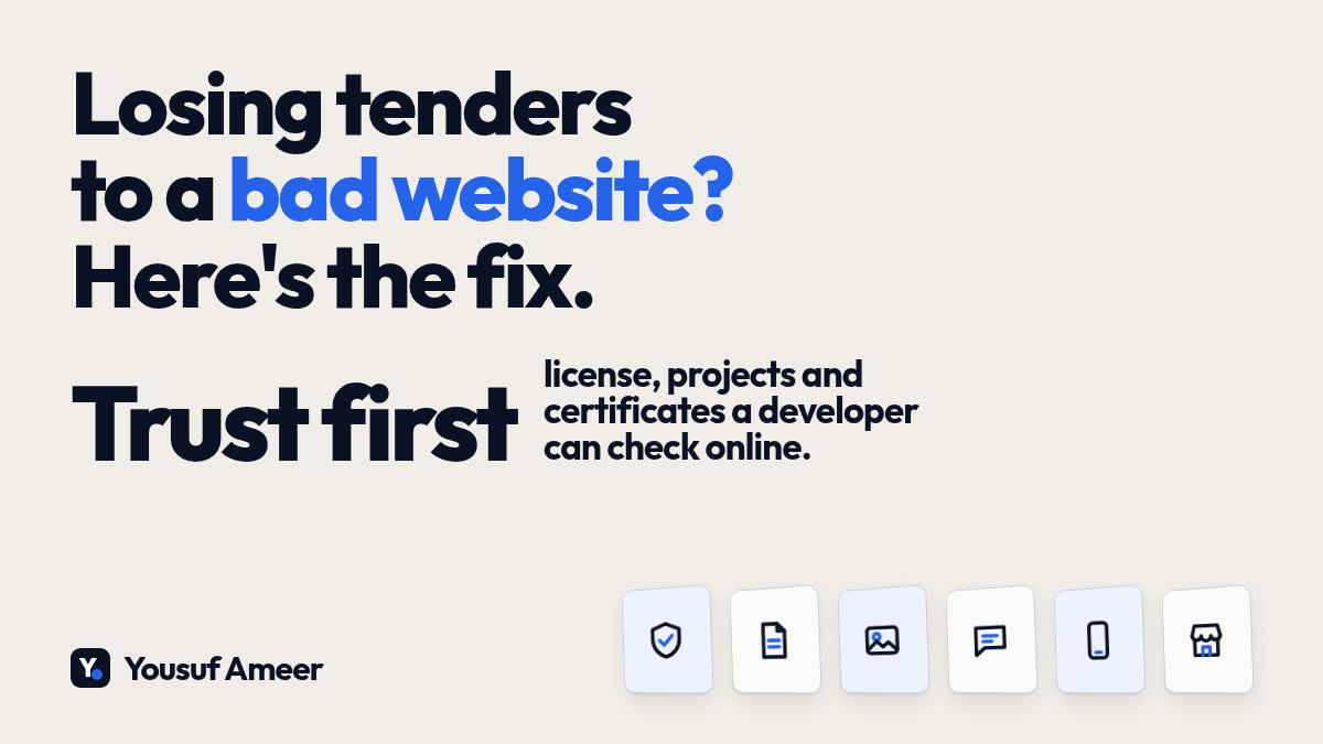 Header reading 'Losing tenders to a bad website? Here's the fix.' with the line 'Trust first: license, projects and certificates a developer can check online.'