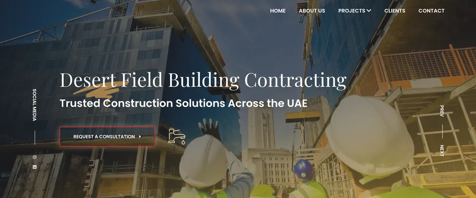 Screenshot of the Desert Field Building Contracting homepage, with the headline Trusted Construction Solutions Across the UAE over a building site photo
